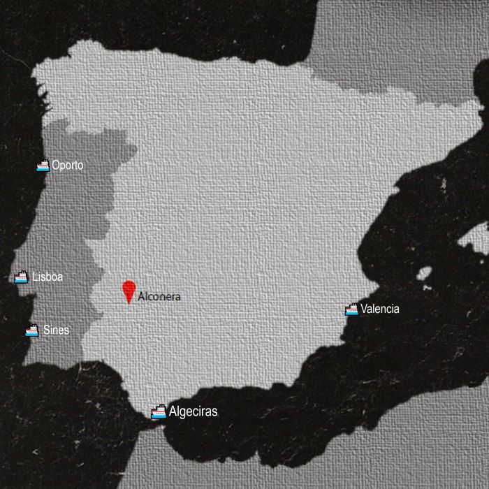 Map of the Iberian Peninsula with Alconera and main international ports