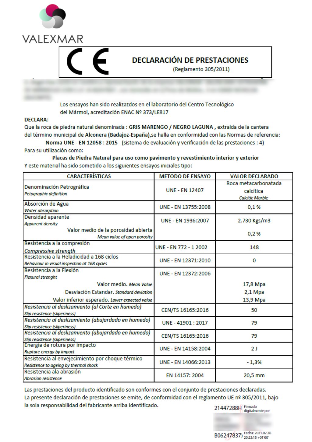 📝 1– CE Performance Declaration – Grey Marengo and Negro Laguna Marble