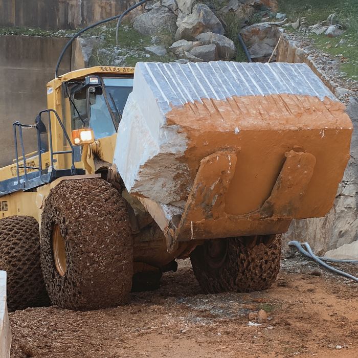Komatsu WA480 wheel loader transporting a large marble block freshly extracted at María del Carmen quarry, Alconera, Badajoz, Spain.