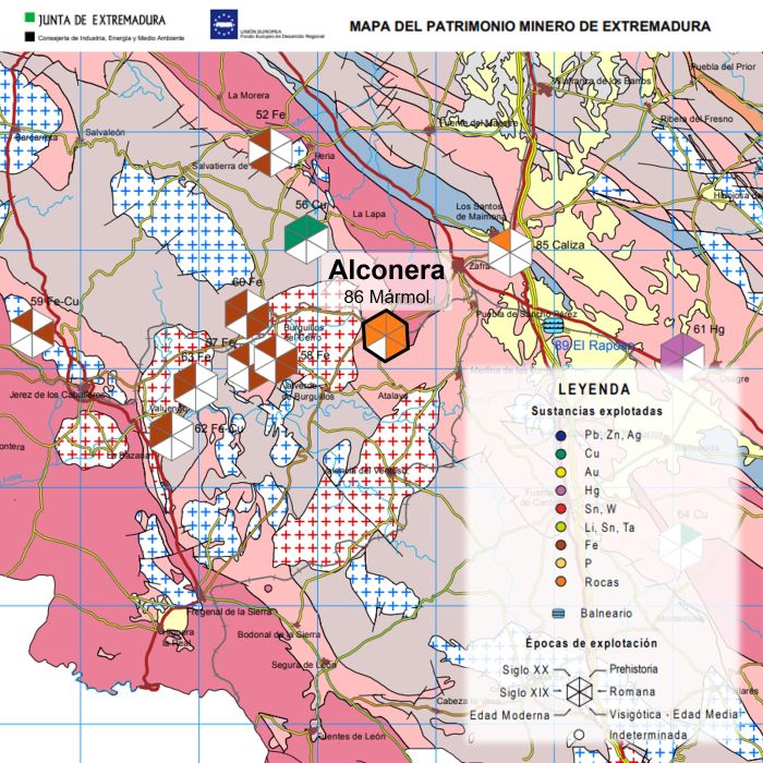 Zoom of Extremadura mining's heritage map with the Alconera Marble quarry displayed in the centre