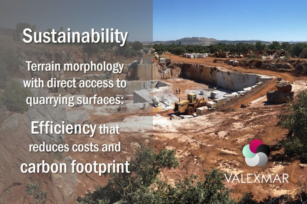 Sustainable quarry thanks to shallow marble fronts, easy accessible = lower extraction cost and carbon footprint