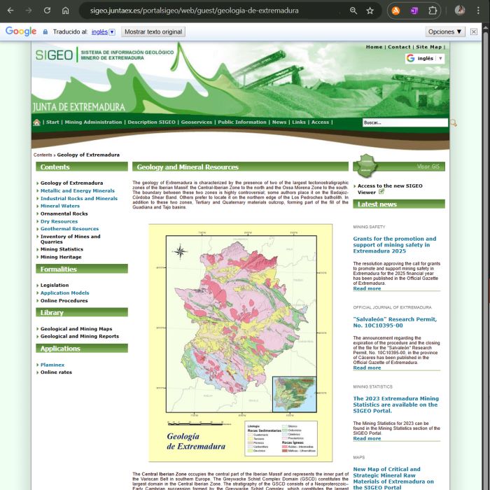Screenshot of SIGEO portal showing mining concessions in Extremadura