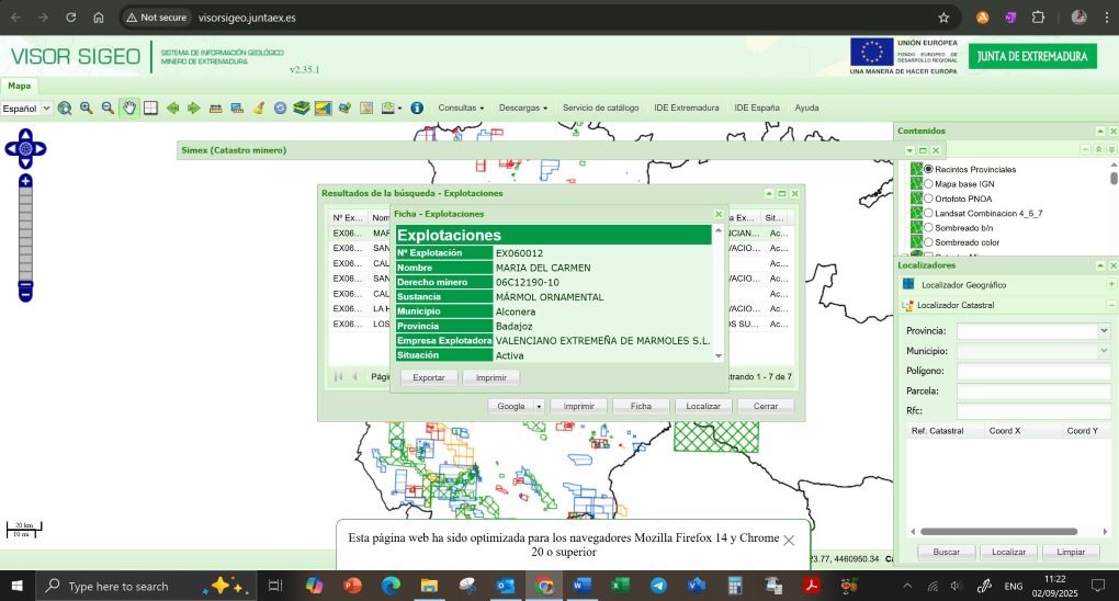 📑 4– Mining Cadastre of Extremadura: the Alconera marble quarry exploitation is listed as “active”